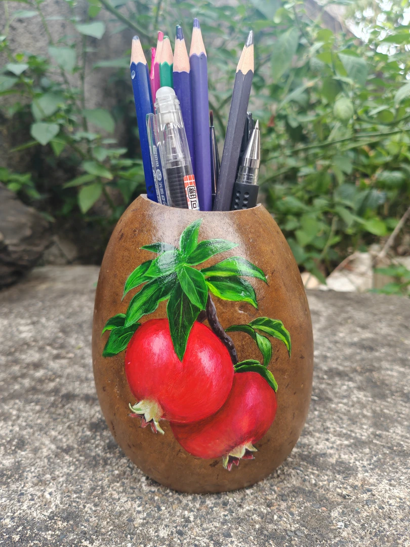 纯手绘石头画鹅卵石笔筒花瓶《石榴》纯手工创意