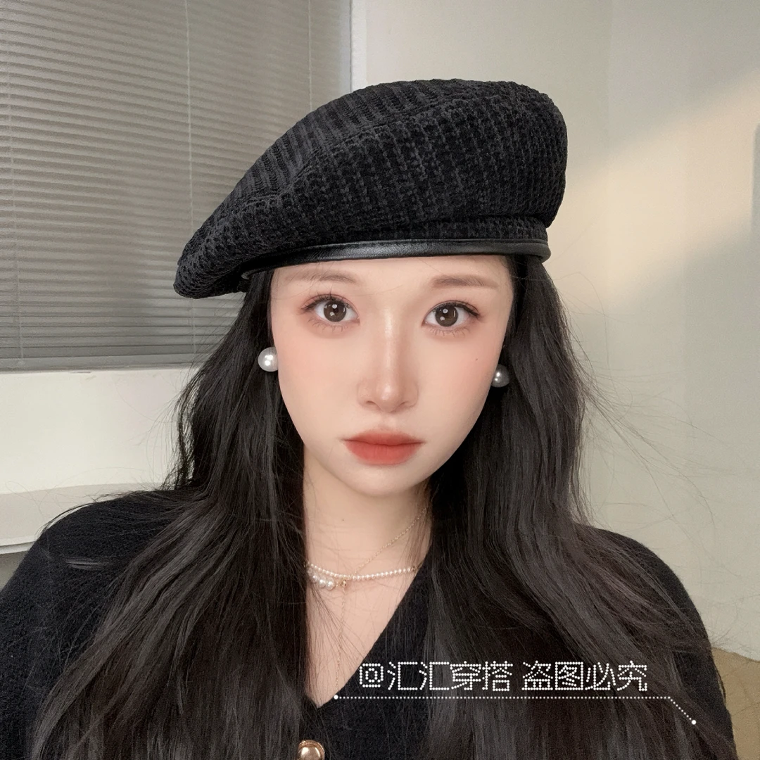 复古英伦贝雷帽女雪尼尔日系百搭春夏帽子ins网红画家帽潮酷