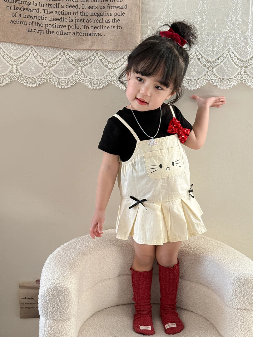 蔗梨童装女童连衣裙套装夏款2025新款儿童短袖t恤吊带裙宝宝衣服