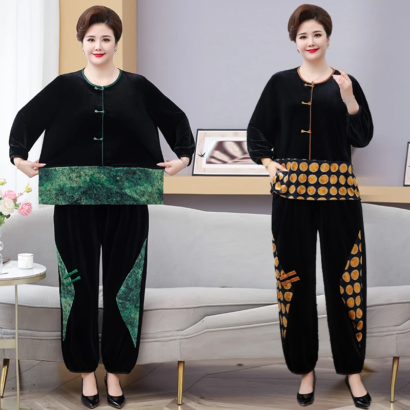 大码胖妈妈加肥加大国风盘扣金丝绒套装2025秋季中老年拼接两件套