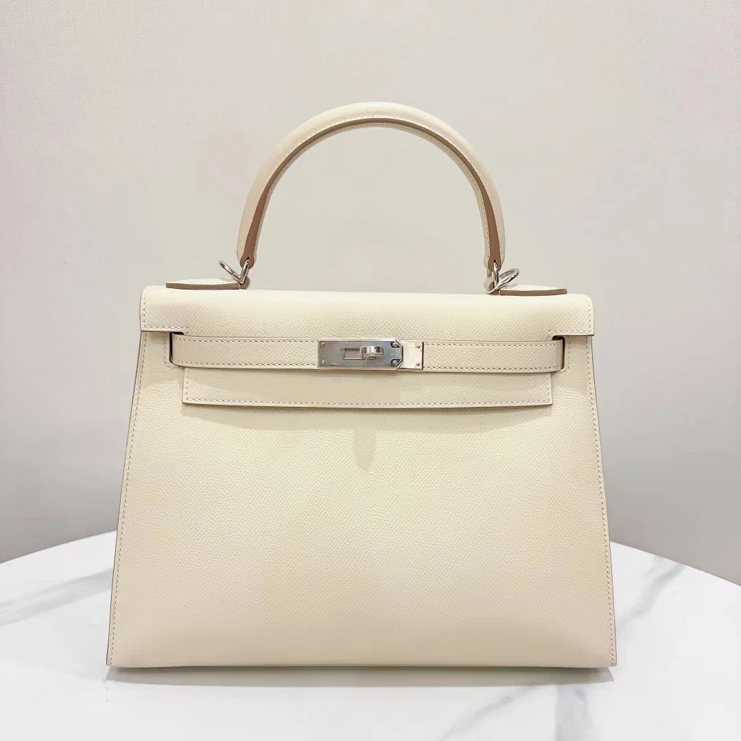 99新 Hermes/爱马仕 蔚蓝/kelly 28奶昔白 银扣 U刻 闲置新