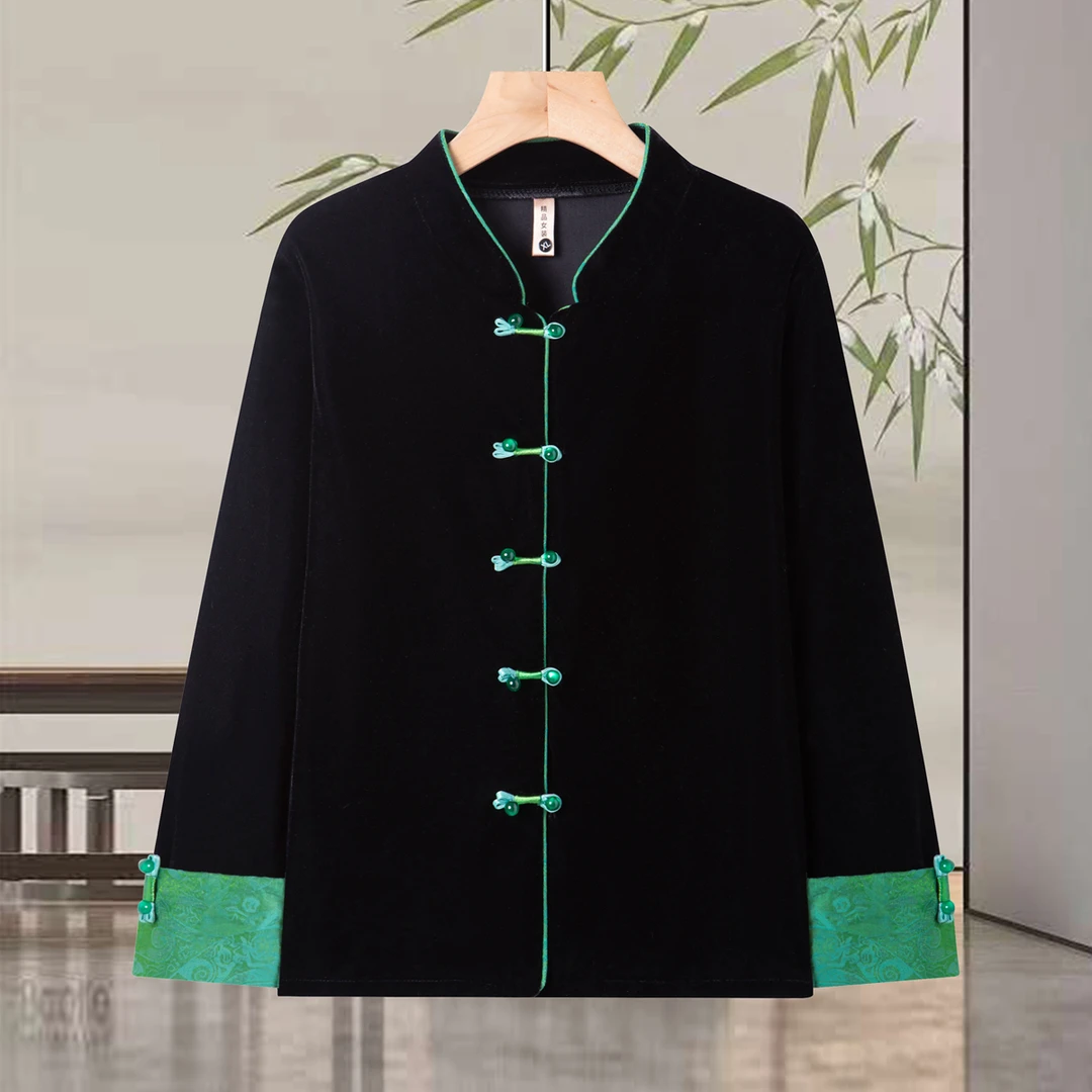 正版新中式国风盘扣丝绒大码提花内衬撞色短外套女2025唐装上衣
