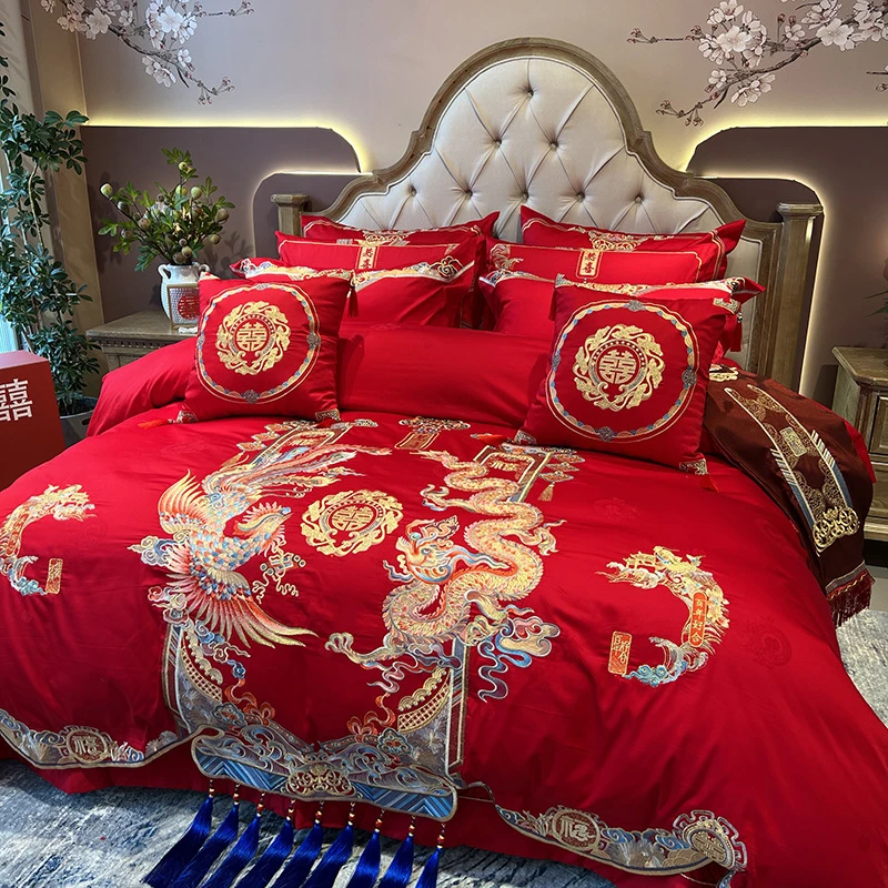 2025婚庆款100支全棉四件套龙凤贺喜刺绣被套床单纯棉床上用品