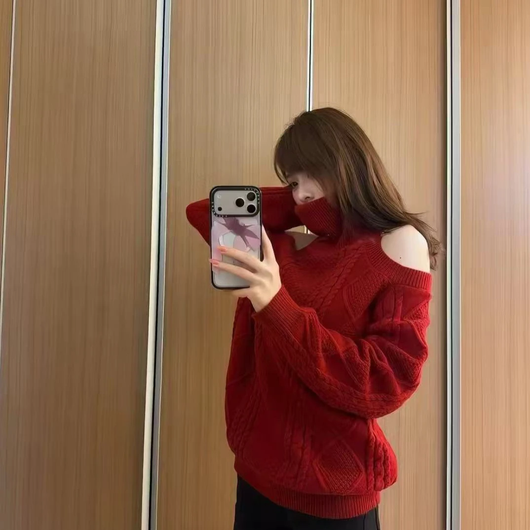 FartShop玫瑰礼记高领露肩冬季修身时尚毛衣女秋冬慵懒感针织上衣