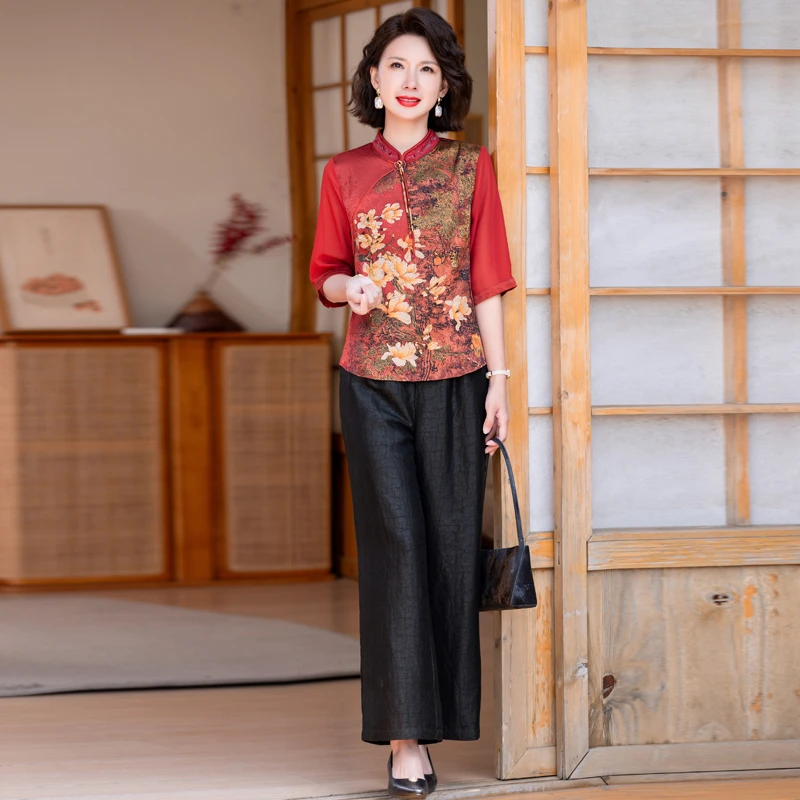 实拍花罗香云纱真丝上衣女新款夏季桑蚕丝短袖贵妇气质妈妈装洋气