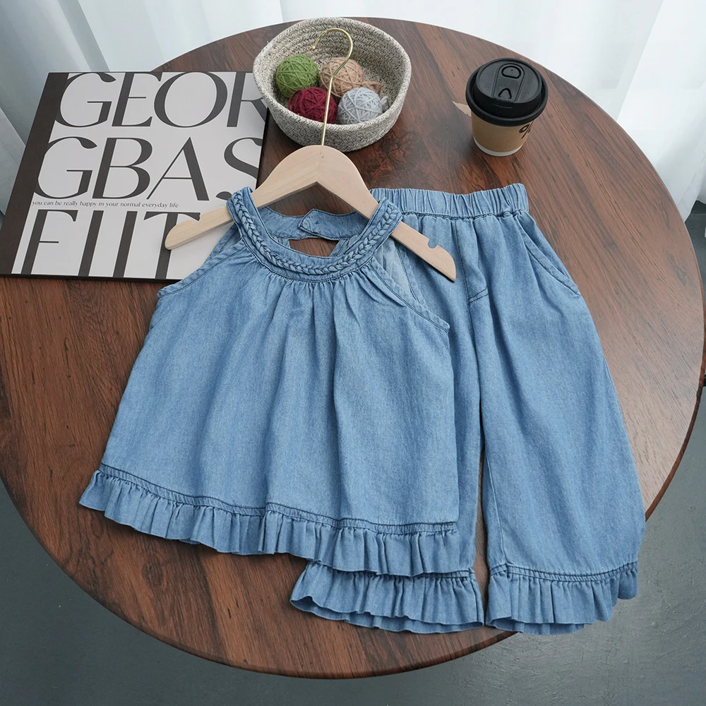 【时髦小博主】韩系女宝宝挂脖复古软牛仔吊带背心洋气百搭两件套