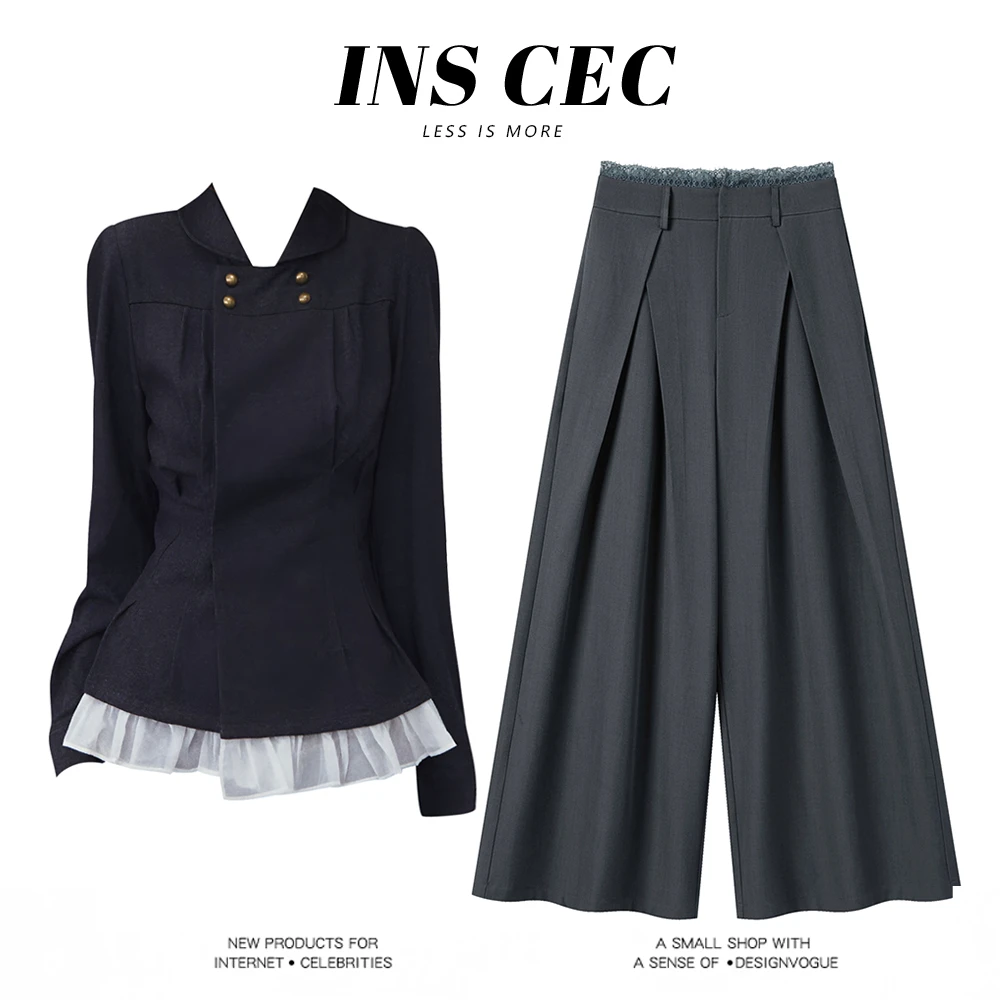 INS CEC高智感韩系双排扣打褶收腰衬衫女秋季通勤百搭休闲裤套装