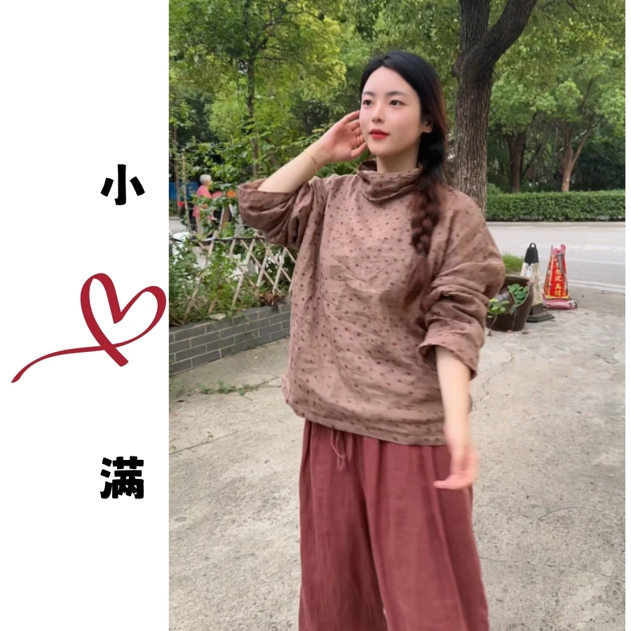 小满【点点小衫】原创设计秋冬新款时尚百搭显瘦显白双层苎麻小衫