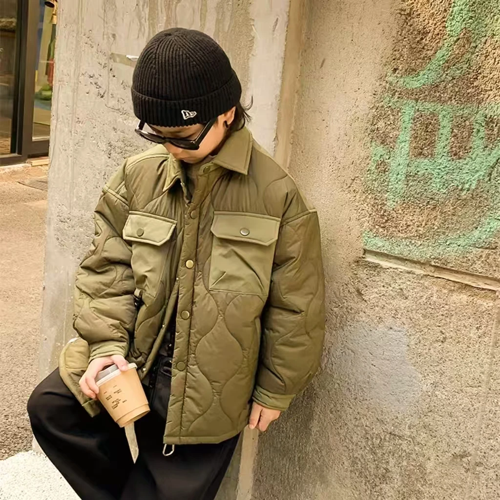 W801 男童儿童冬季休闲纯色棉服机能风户外棉衣港风超帅外套上衣