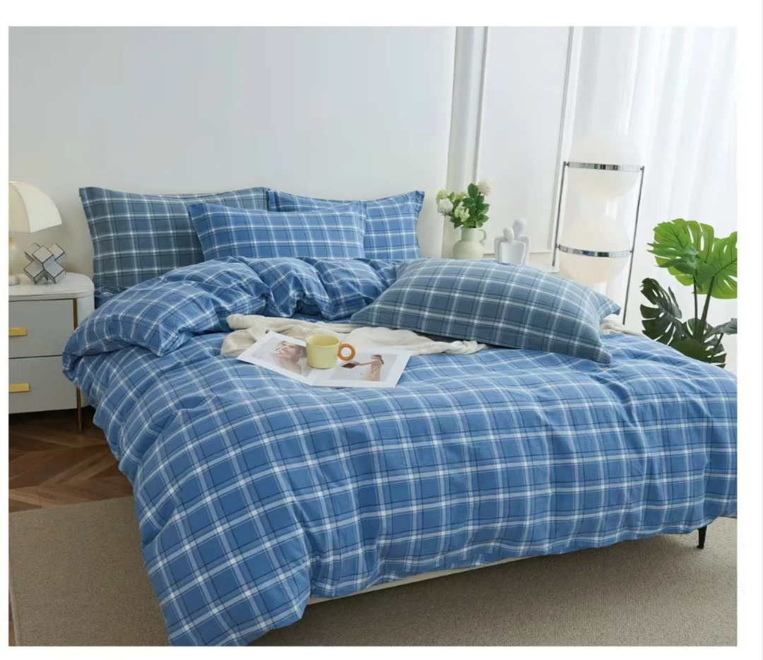 雪京 现货 春夏色织纯棉全棉水洗棉四件套 简约床品四件套格子