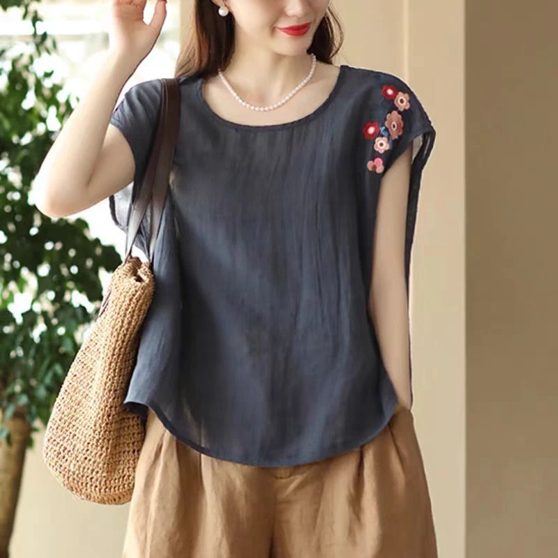 文艺纯色新款刺绣背心吊带棉麻夏季中年妈妈宽松百搭无袖大码上衣
