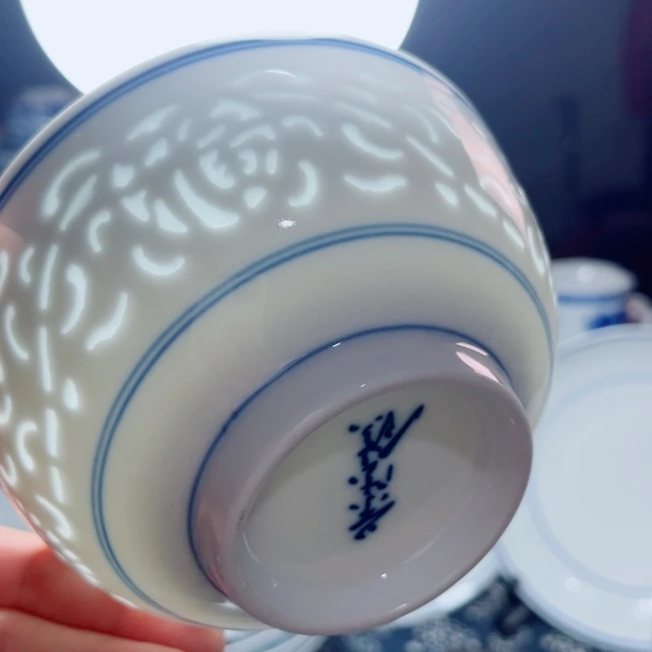 青花玲珑5寸饭碗满雕双福双线