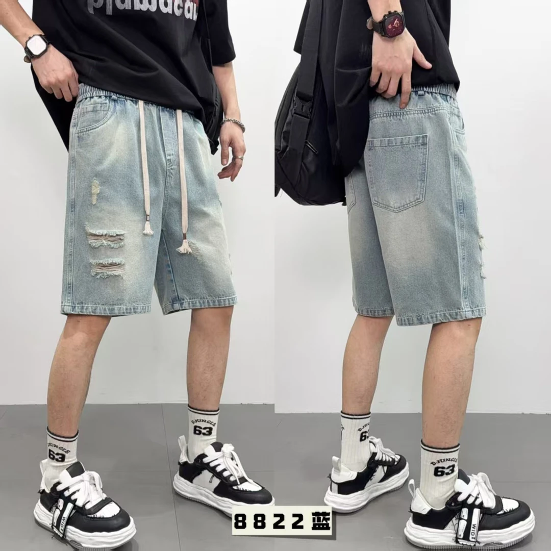 夏季潮流美式破洞牛仔短裤宽松休闲五分裤男款百搭中裤8822
