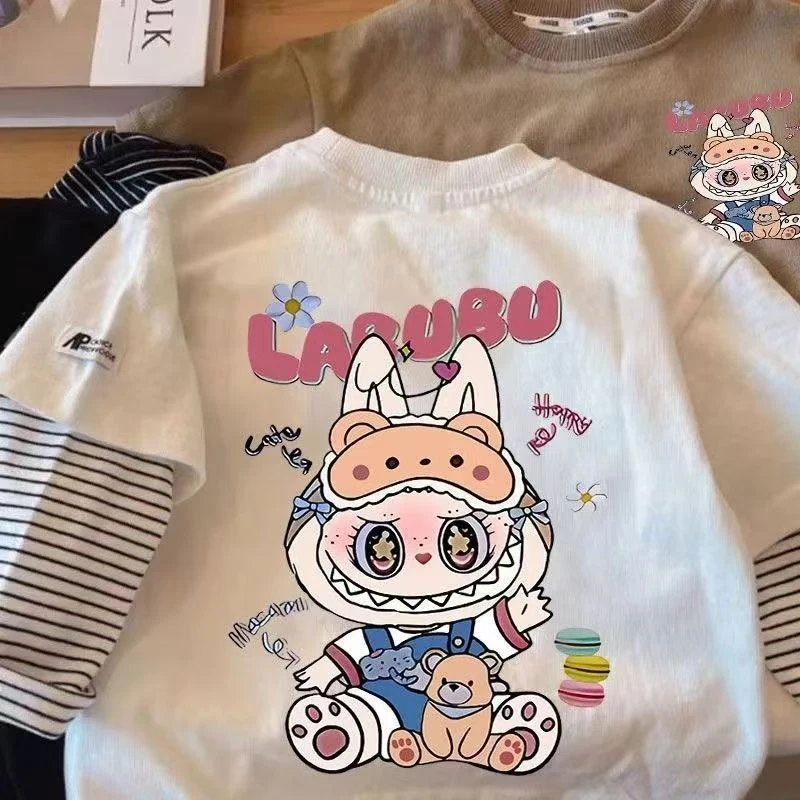 儿童春秋款新款纯棉假两件长袖T恤男女童宝宝卡通布布上衣打底衫t