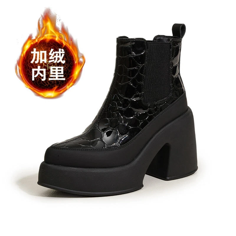 高跟短靴女2025新款秋冬加绒保暖厚底增高靴子百搭切尔西靴烟筒靴