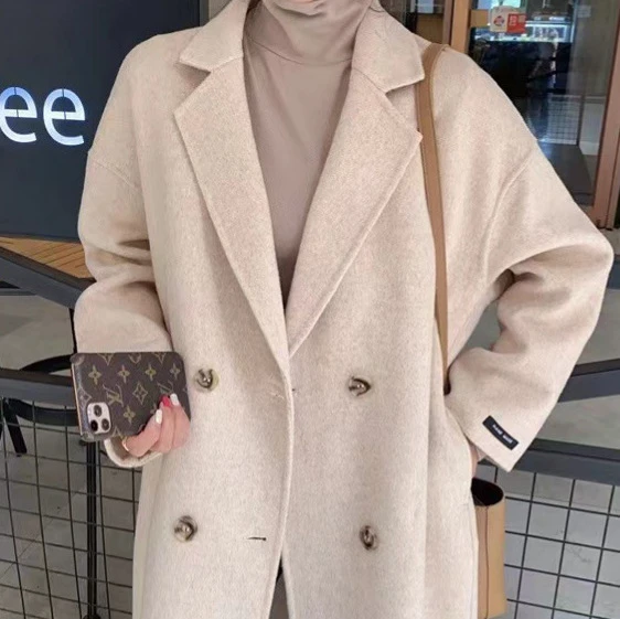 2022新款双面羊毛绒大衣长款廓形显瘦双排扣西装领羊毛双面呢外套