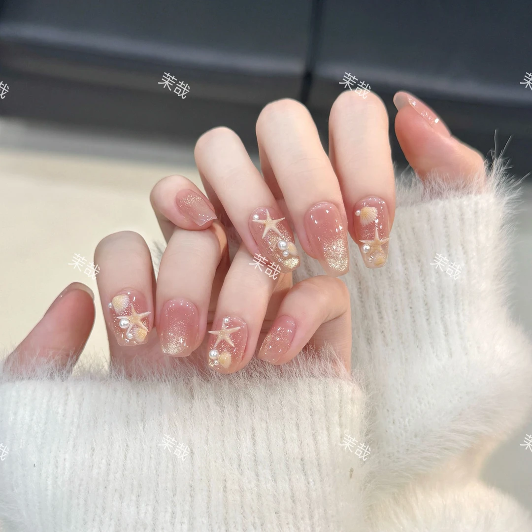 茉哉77现货【海贝星愿】纯手工定制美甲拆卸穿戴甲A4190