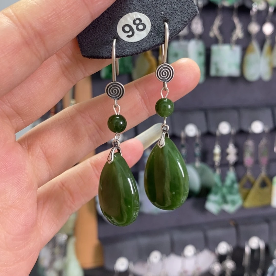 和田玉耳饰银S925镶嵌耳坠