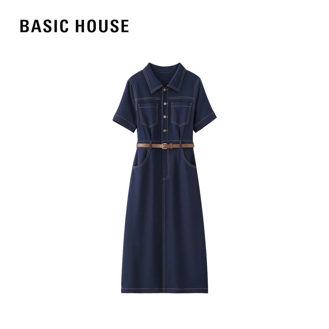 Basic House/百家好夏季气质轻奢时尚休闲女士法式收腰连衣裙