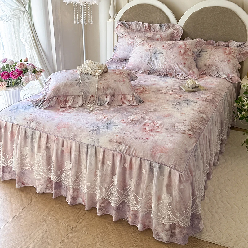 全棉床裙纯棉床罩公主风数码印花遮丑防滑防尘床套春夏新款四季用
