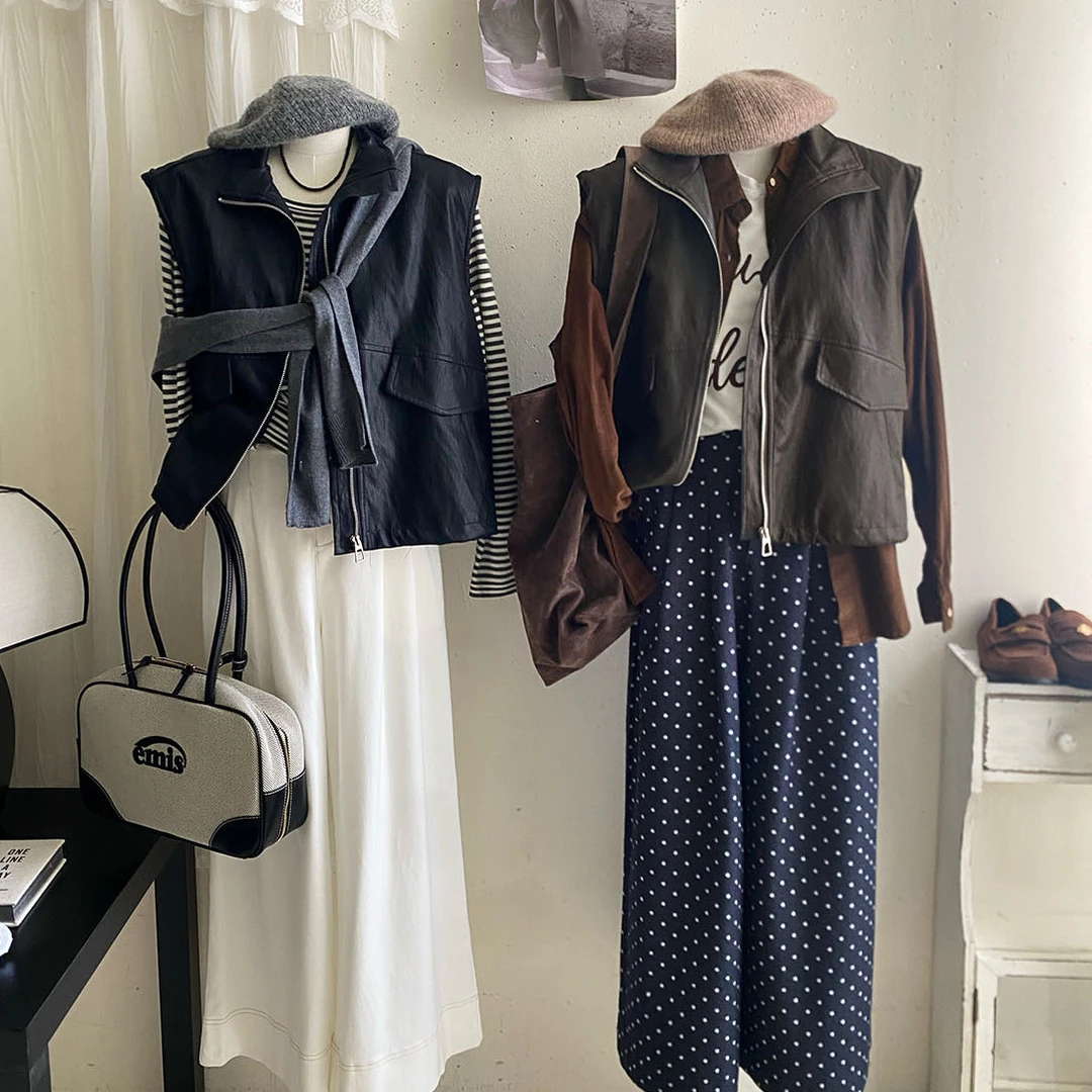 韩系机车立领无袖马甲夹克外套女美式宽松拉链黑色抽绳坎肩PU皮衣