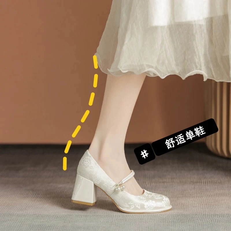 巨舒适~好穿的玛丽珍女鞋春秋配裙子旗袍新中式国风绸缎高跟鞋女