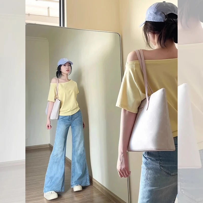 洋气宽松显瘦遮肚遮肉短袖T恤女夏季多巴胺奶黄色休闲一字肩上衣