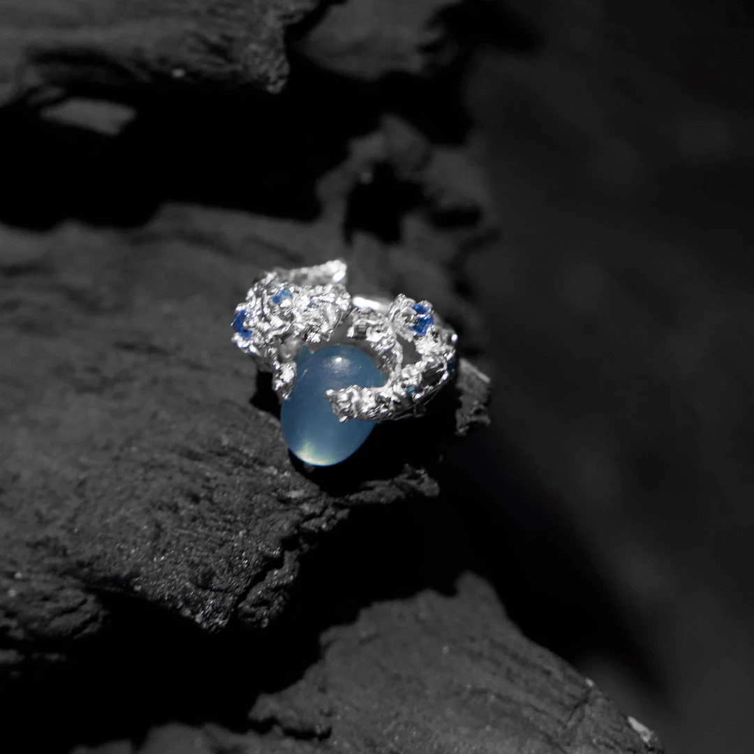 东黑三白 925银戒指 满蓝寒 s930银原创设计感小众开口女戒礼物