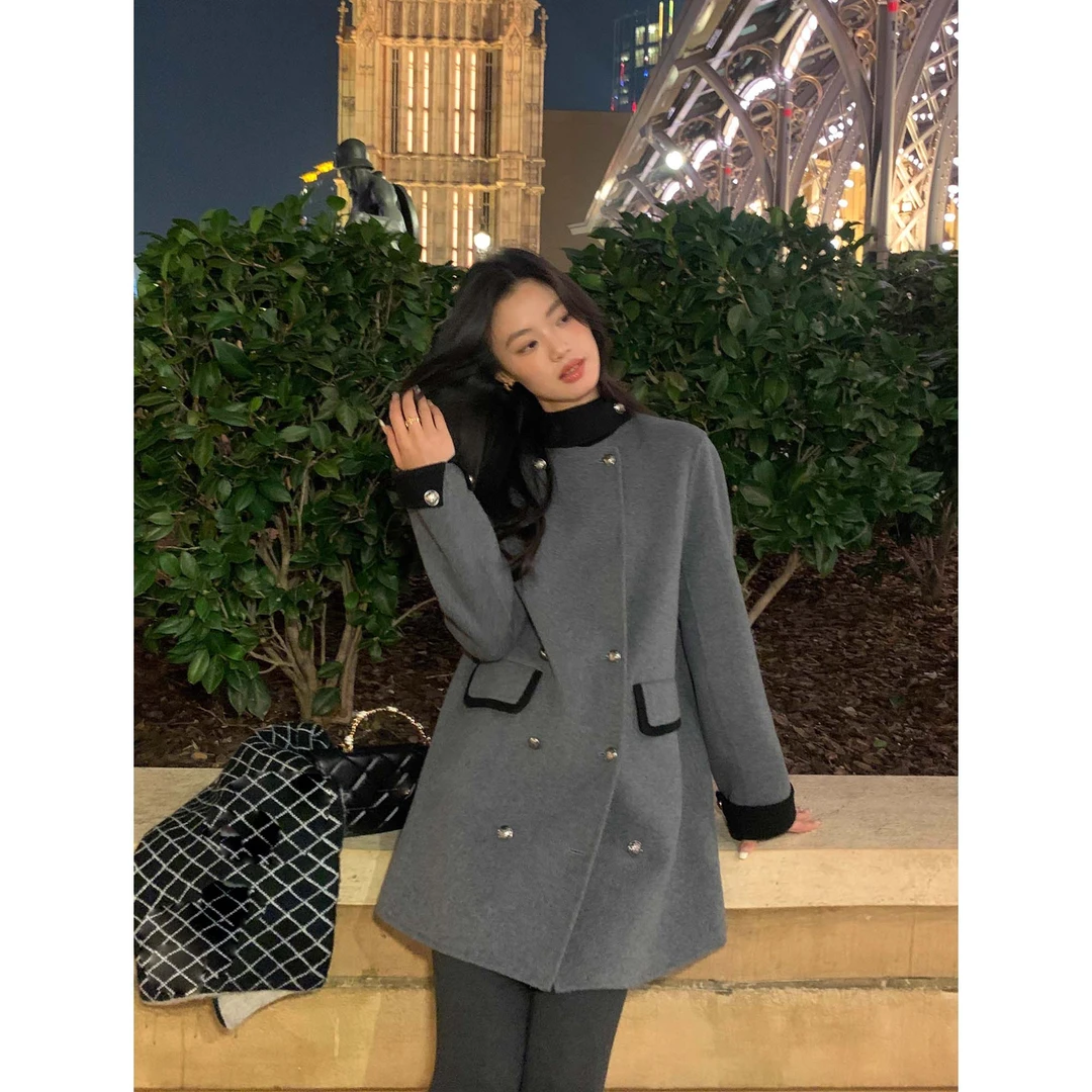 【有里布】高级感撞色毛呢外套女立领设计感宽松气质大衣TX0290