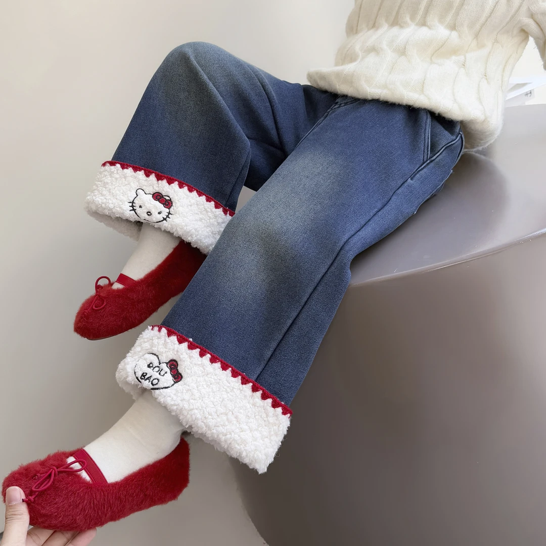 女童加绒牛仔裤儿童冬装韩版洋气一体绒裤子女宝宝冬季加厚休闲裤