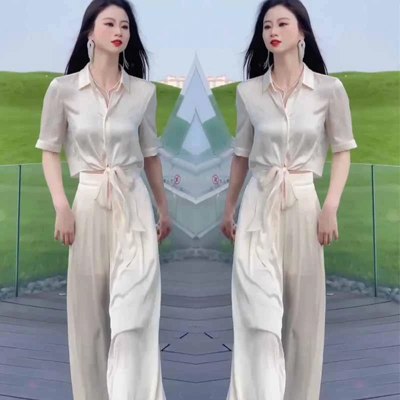 垂感显瘦2025年夏季网红新款时尚套装女翻领系带衬衫醋酸垂