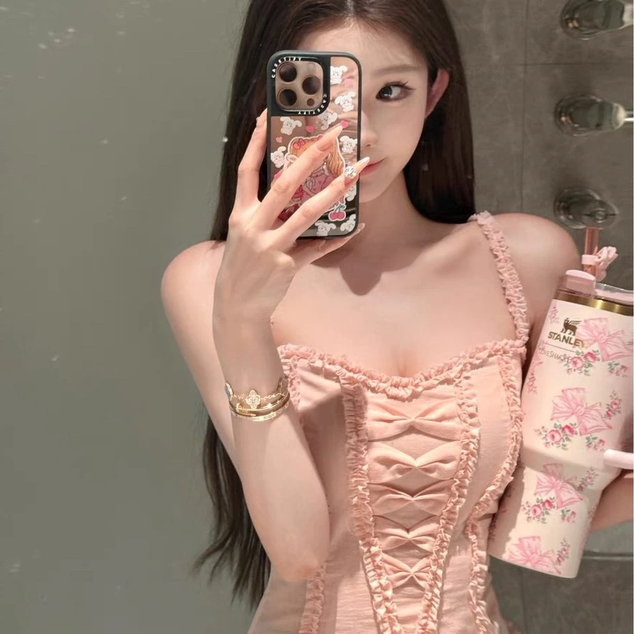 JMSHOP 爱丽丝游 vintage蝴蝶结吊带设计感纯欲修身短款上衣女夏