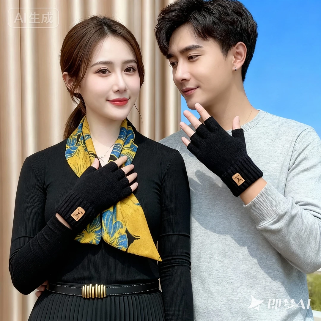 男女通用男露指手套加厚加绒男士可触屏百搭漏指暖手套手套冬季男