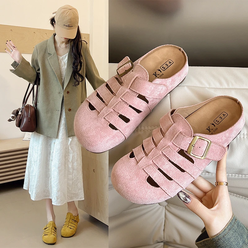 镂空透气勃肯包头半拖鞋女夏季外穿2025年新款厚底一脚蹬懒人凉拖