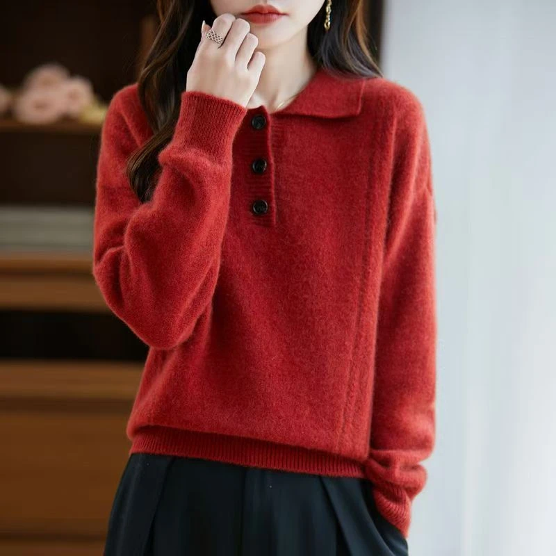 100%羊毛衫女七针加厚三粒扣POLO领秋冬季毛衣宽松套头针织打底衫
