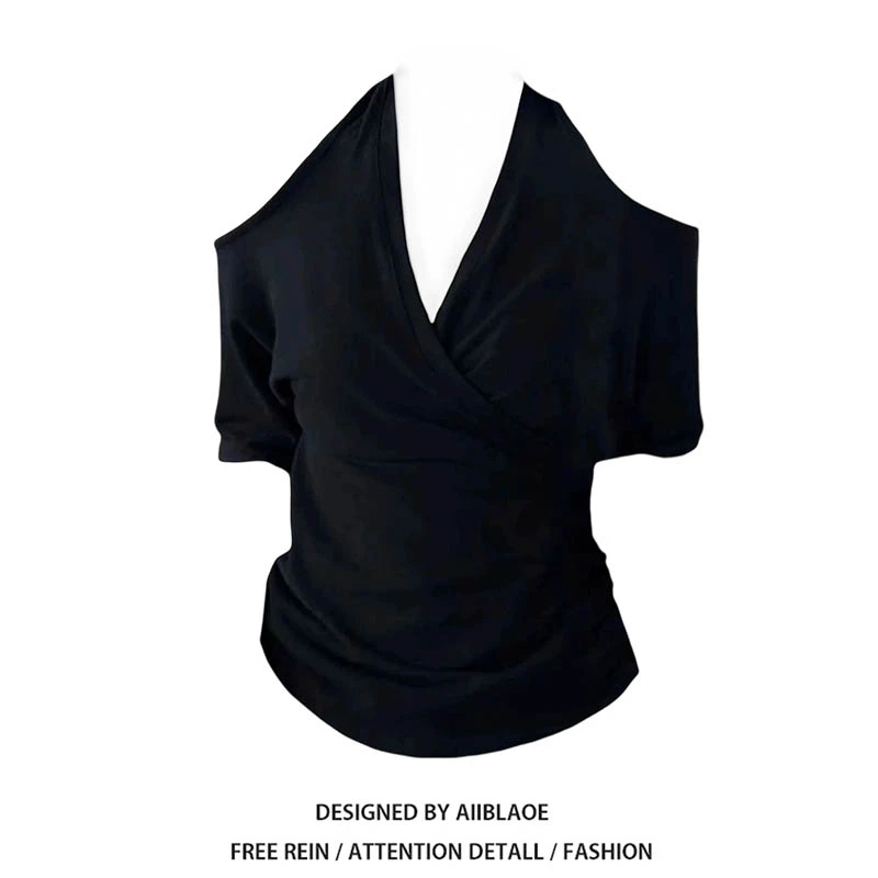 纯欲风辣妹挂脖露肩短袖T恤女夏季设计感不规则收腰修身显瘦上衣