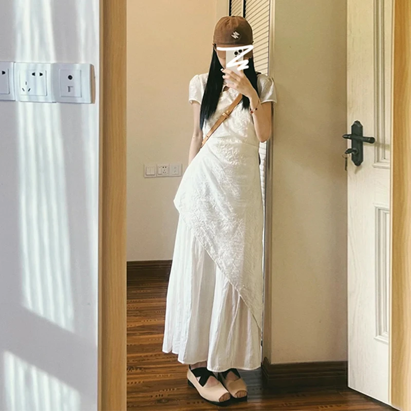 2815新中式国风连衣裙子女夏2024新款收腰小众设计假两件白色长裙