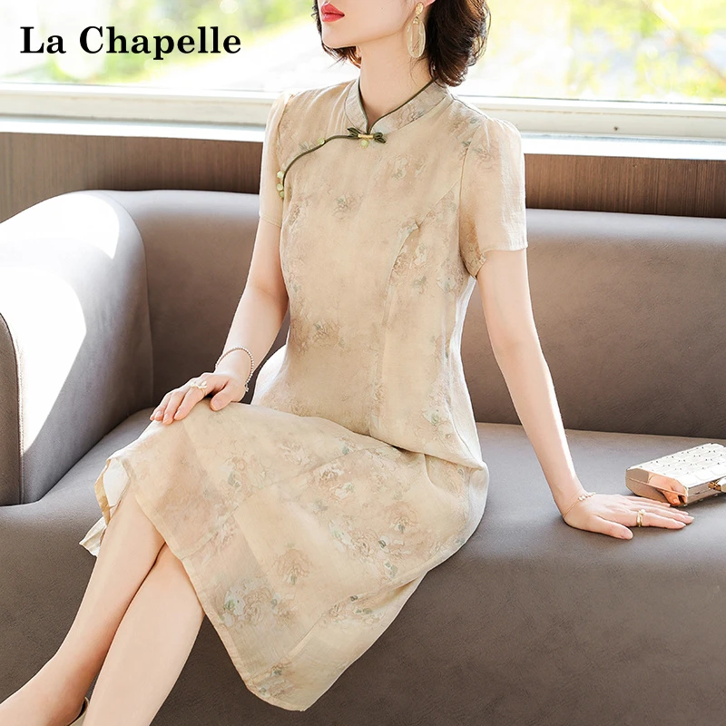 拉夏贝尔现货妈妈夏装雪纺连衣裙改良旗袍裙子中老年女短袖长裙子