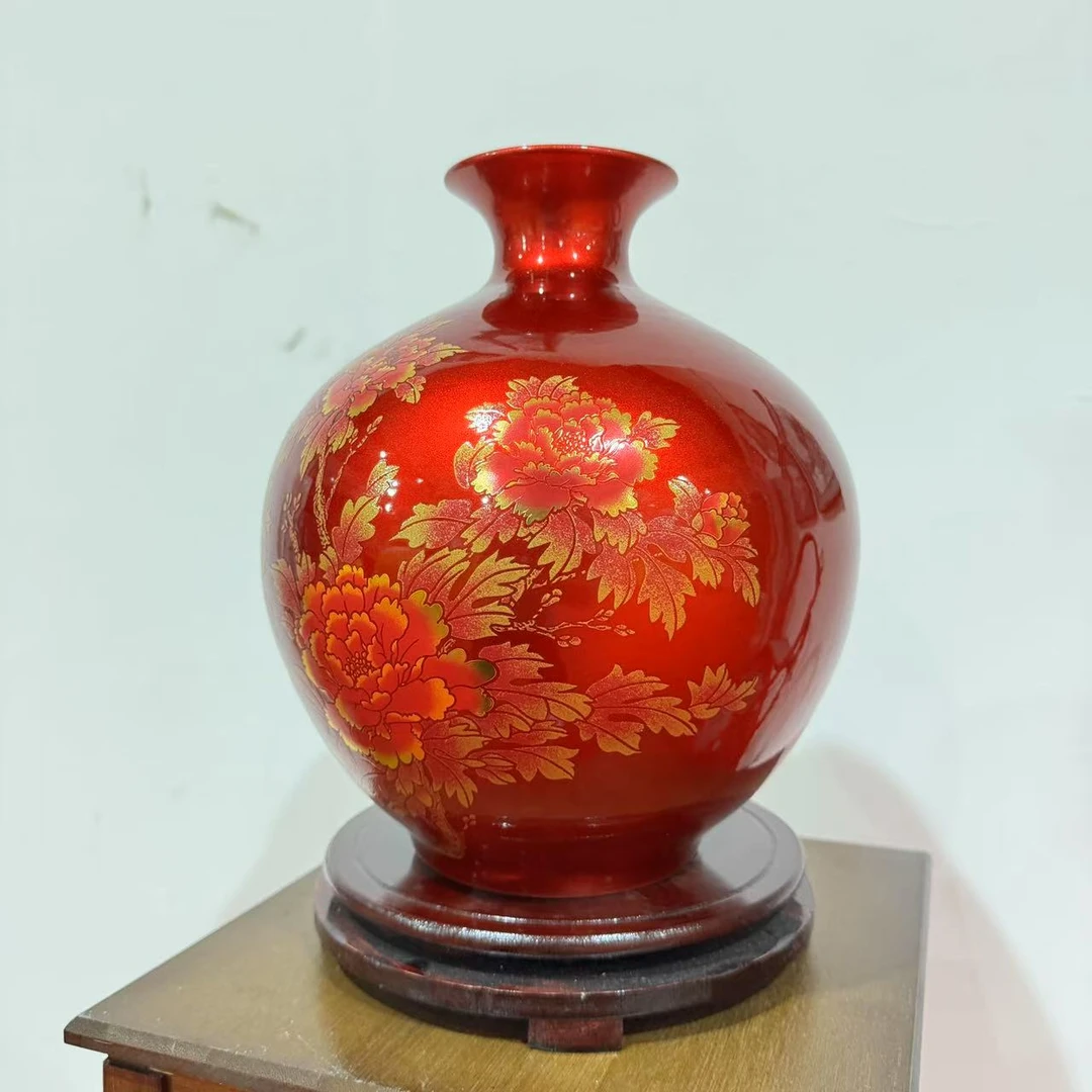 水晶釉金牡丹天球瓶高29口径9.5肚径25