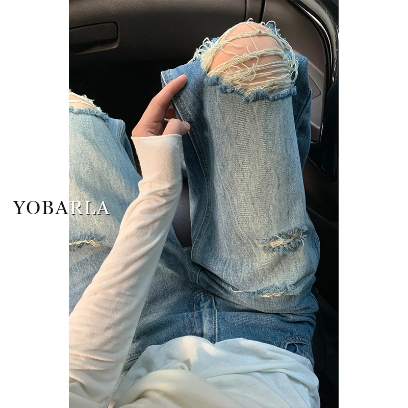 美式破洞牛仔裤女夏季新款大码胖mm梨形身材宽松高腰显瘦阔腿裤子