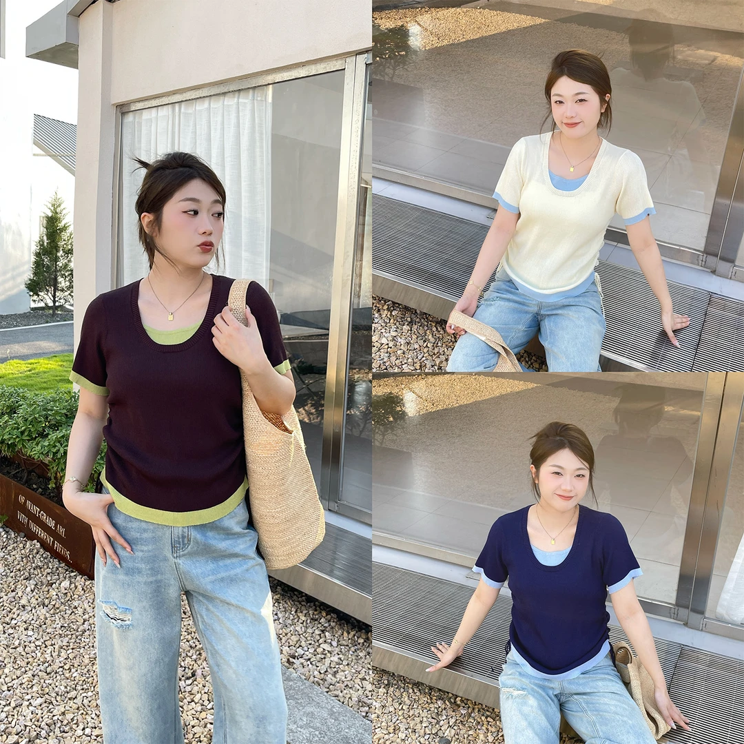 李潇洒【轻简印象】微胖大码女夏气质毛织抽绳假两件T恤ZY506A19