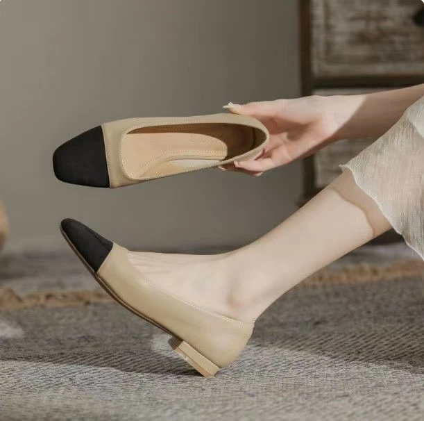 羊皮拼色小香风粗跟单鞋女春秋2025新款中跟浅口瓢鞋法式高跟鞋子