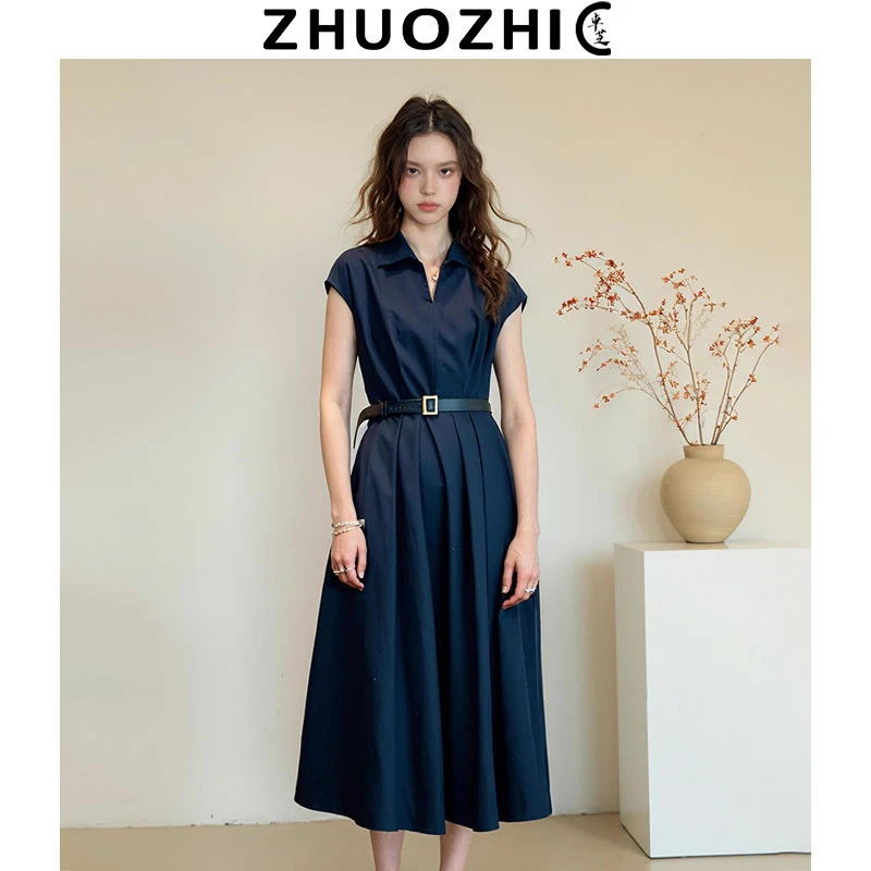[卓芝]法式通勤风翻领纯色连衣裙2025夏季新款收腰显瘦百搭百褶裙