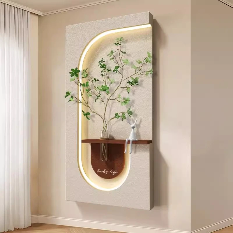 水培绿植入户玄关装饰画奶油风立体砂岩走廊过道尽头挂画客厅壁灯