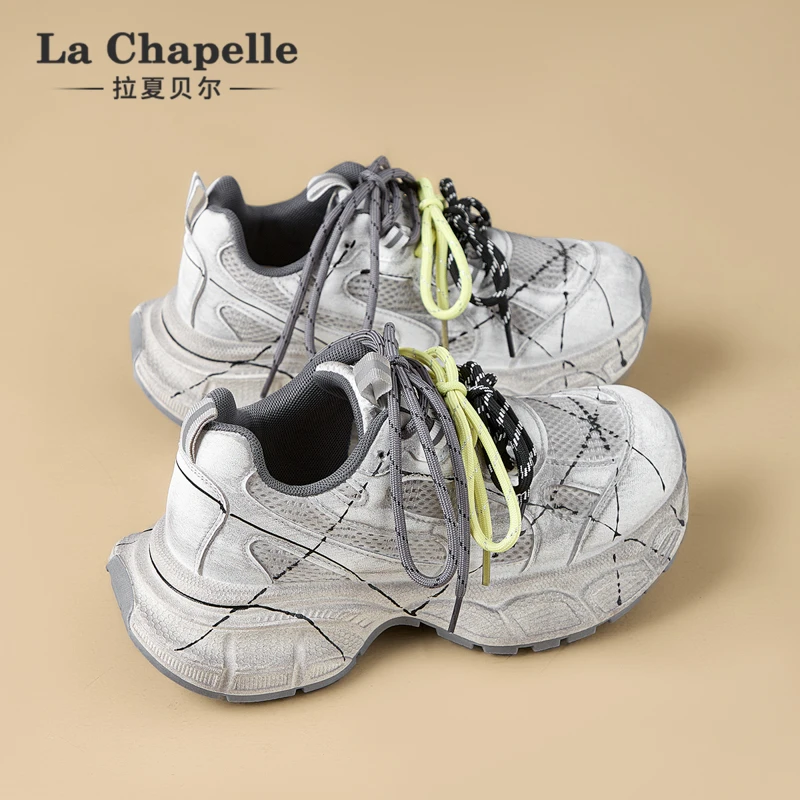 拉夏贝尔2025秋新款厚底增高老爹鞋百搭休闲运动鞋网面透气跑步鞋