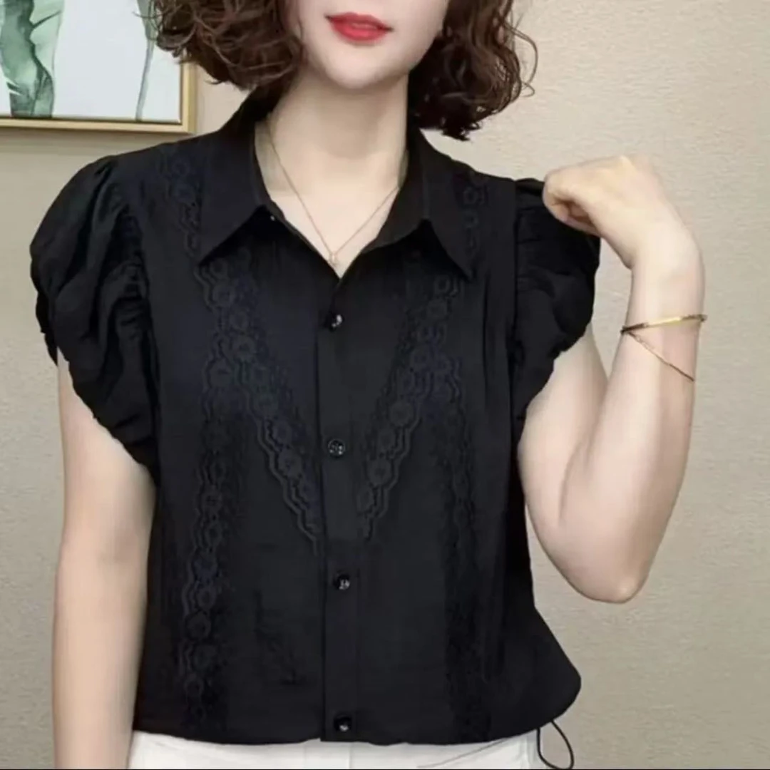 2025新款洋气百搭减龄显瘦气质女短袖T恤蕾丝花边套头衬衣