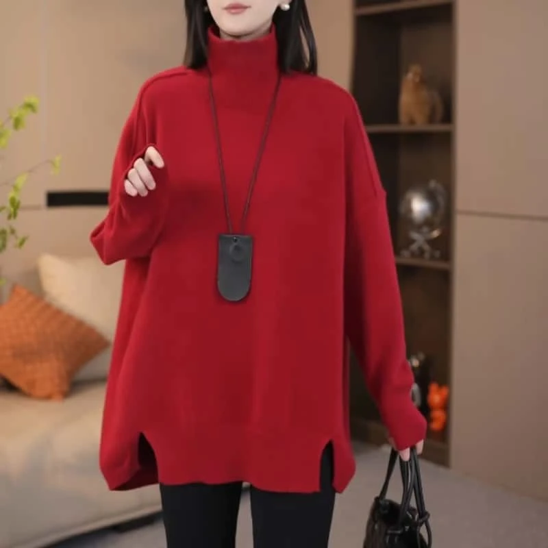 冬季时尚纯色加厚针织衫女2024新款高领休闲百搭大码长袖套头毛衣