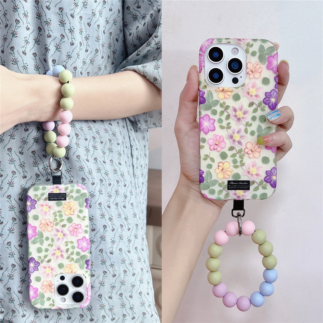ins森系文艺风绿叶花手拎圆环适用iphone15promax手机壳苹果14/16