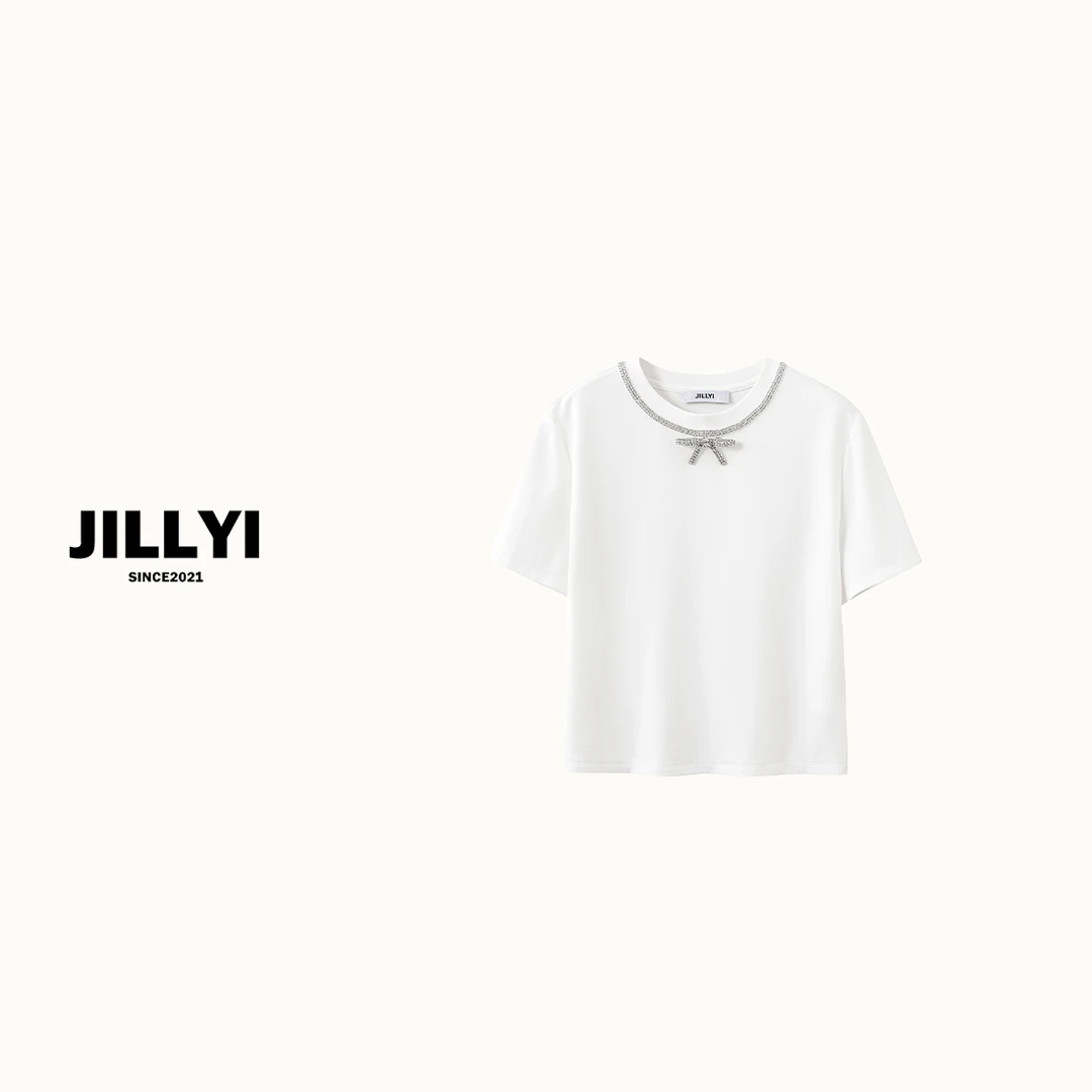 JILLYI珠海店【钻石蝴蝶】白色圆领手缝亮钻蝴蝶结轻奢时尚T恤春夏