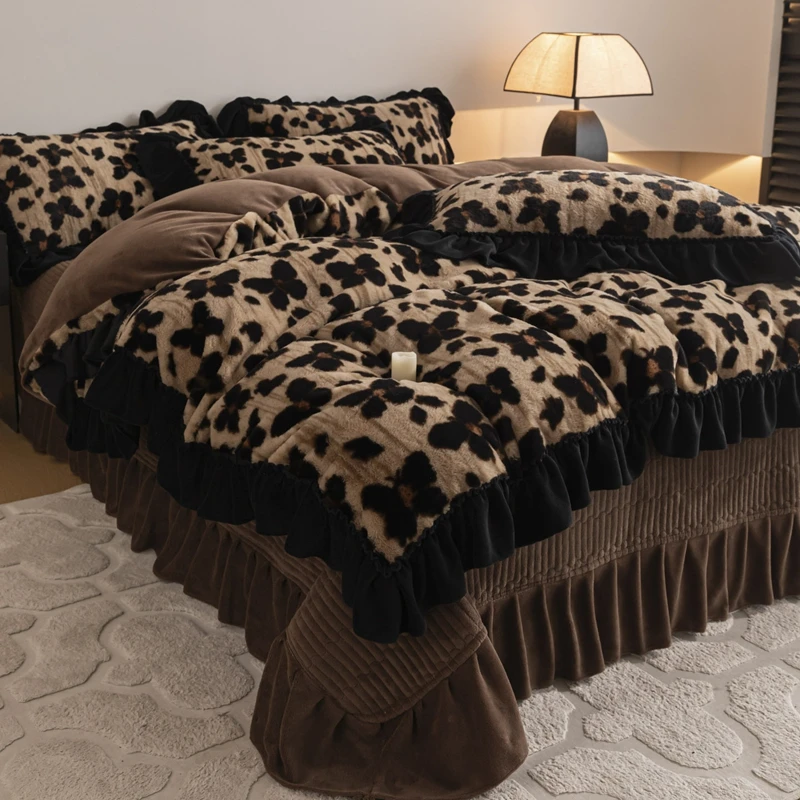 2025新款轻奢美拉德兔毛绒床盖四件套韩版花边双面绒被套床上床单